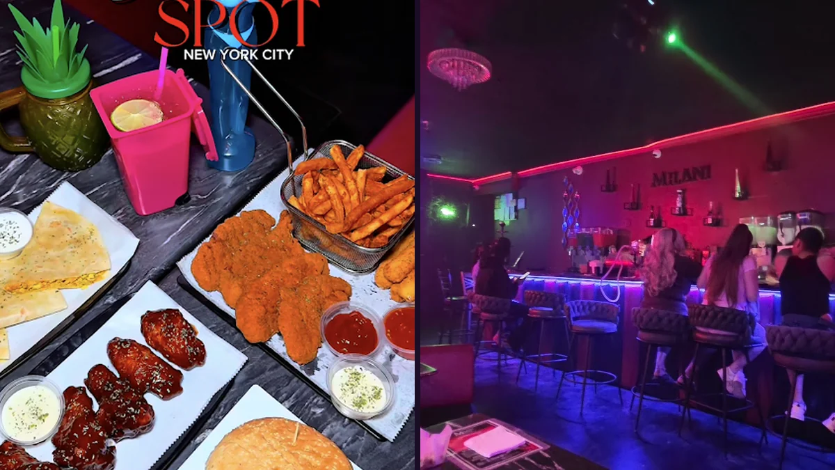 Artful interior with glowing nightlife lighting.