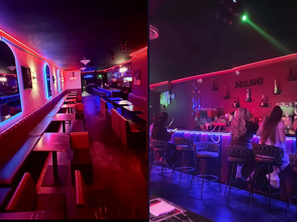 Artful interior with glowing nightlife lighting.
