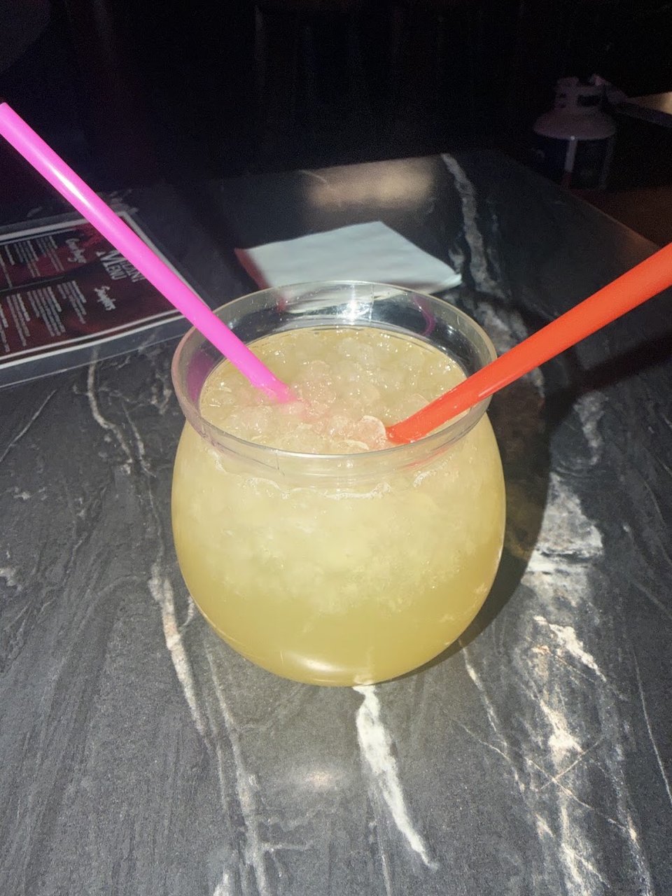 Printed menu with drinks and late-night bites.