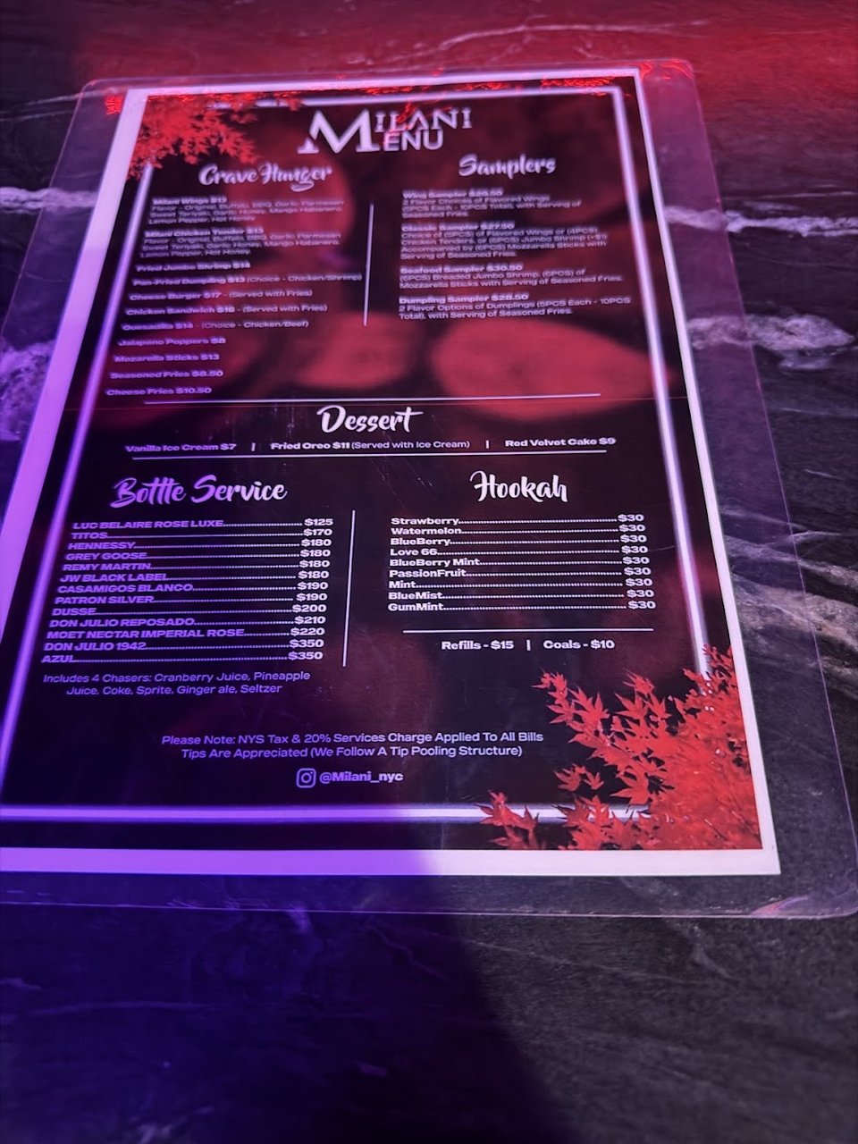 Printed menu with drinks and late-night bites.