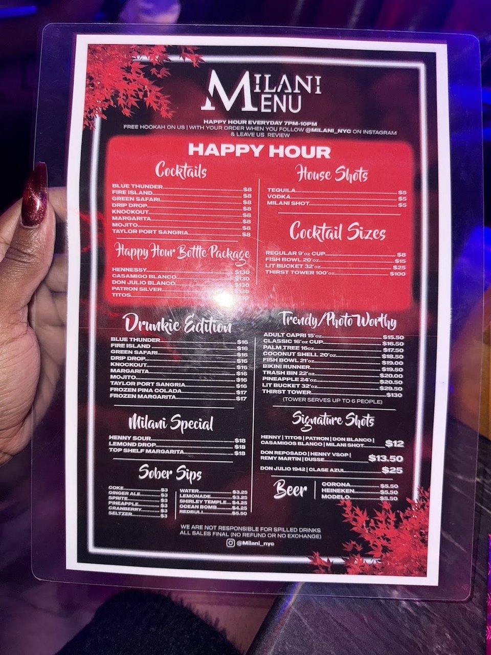 Menu page for handcrafted drinks and food.